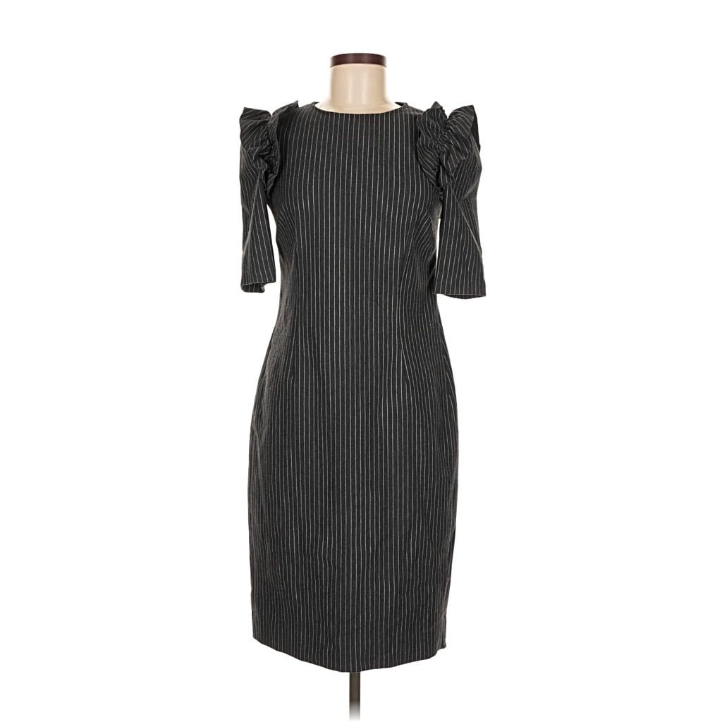 Teri Jon Rickie Freeman Gray Pinstripe Sheath Dress Ruffle Shoulders Vicose 6